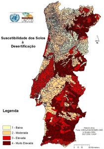 Mapa de Portugal con los niveles de desertificación de los suelos