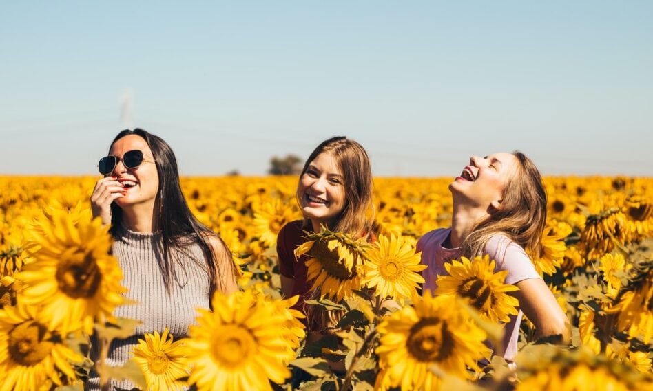 three women in a sunflower field
