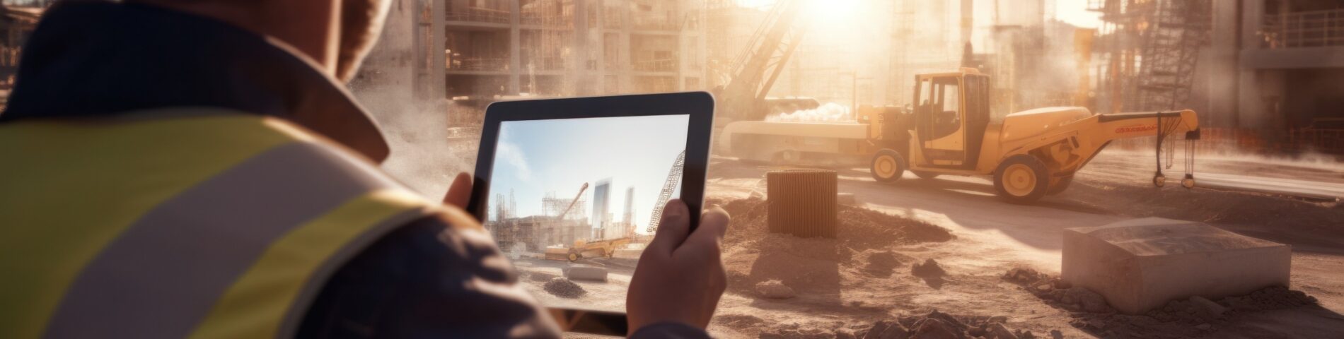 Técnico de obra sosteniendo una tablet mientras supervisa la obra